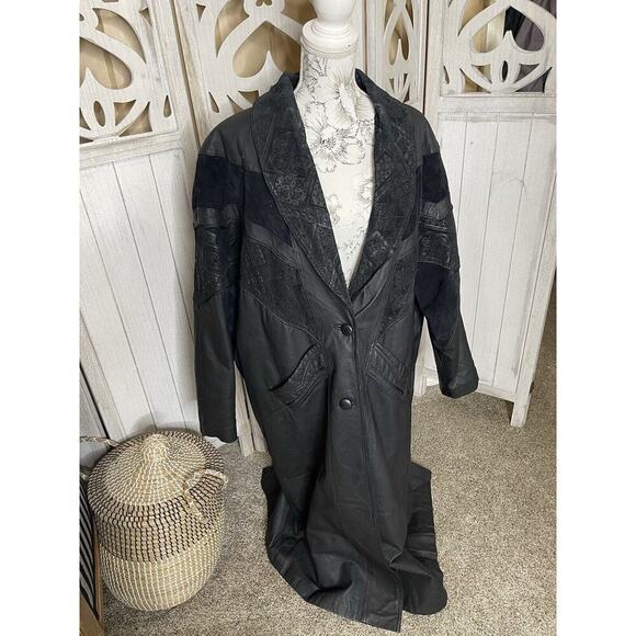 Vintage 80s Outbrook Leather Trench Coat Car Jacket Navajo Tribal Size 2XL - Picture 2 of 10